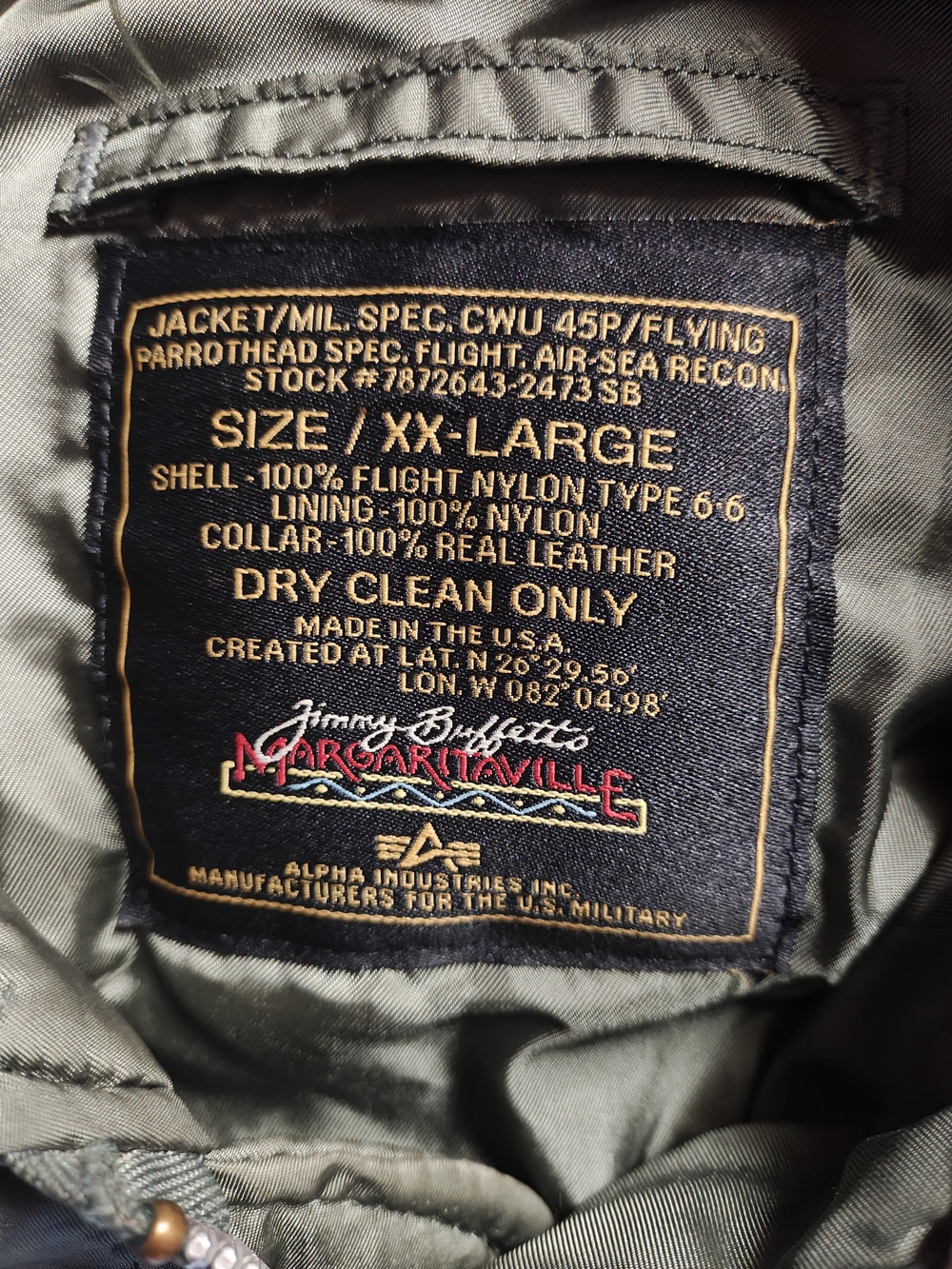 MINT Alpha Industries Jimmy Buffett Margaritaville CWU-45/P Flight Jacket XXL